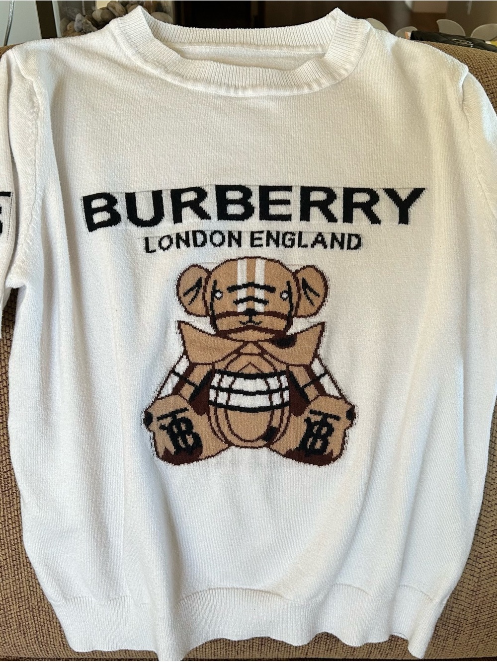 Burberry White Knit Crewneck with Tan Teddy Graphic